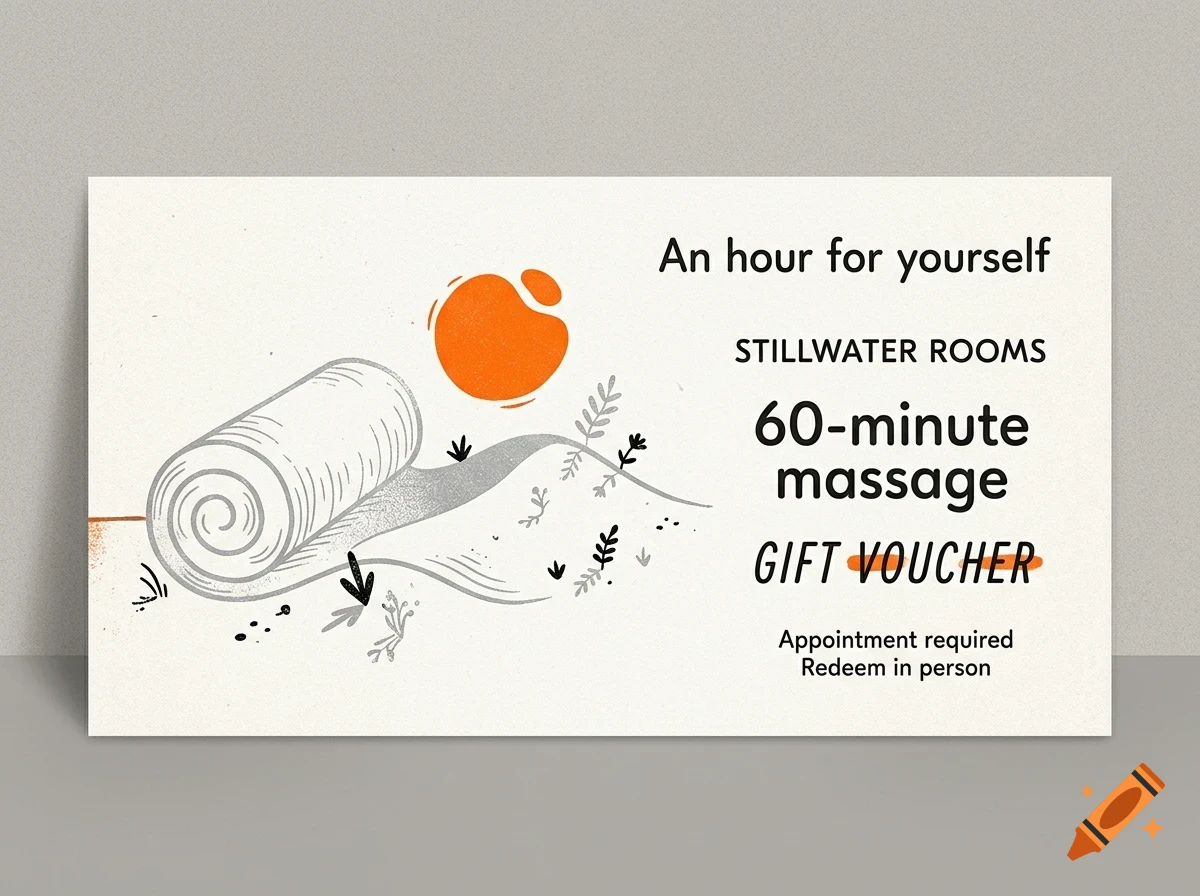 A gift voucher design for Stillwater Rooms featuring a 60-minute massage with illustrations of a rolled towel and an orange sun.