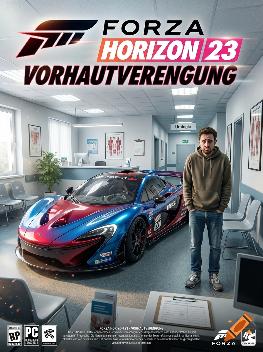 Photorealistic poster for a fictional video game in a urologist waiting room, featuring a hypercar and a sad man.