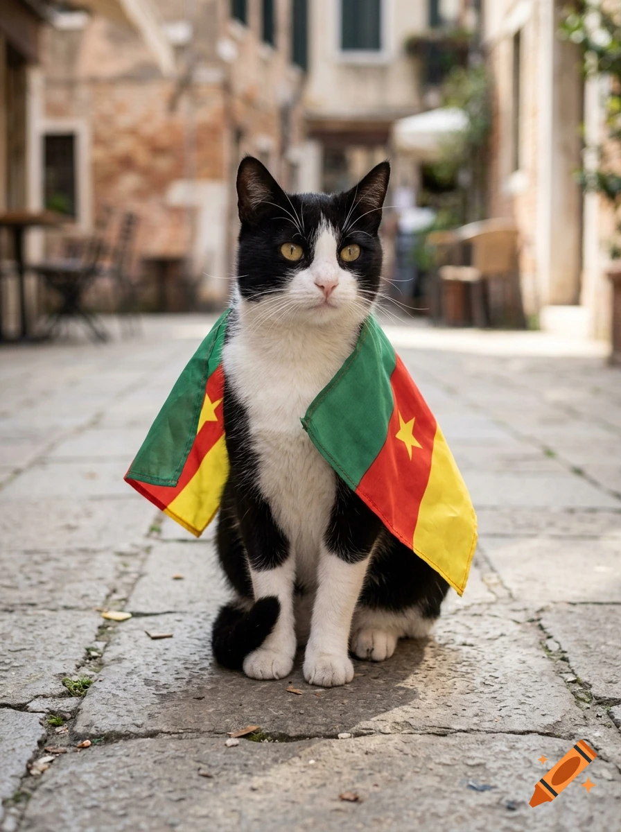 Photorealistic image of a black and white cat sitting on stone pavement, draped in a Cameroonian flag.