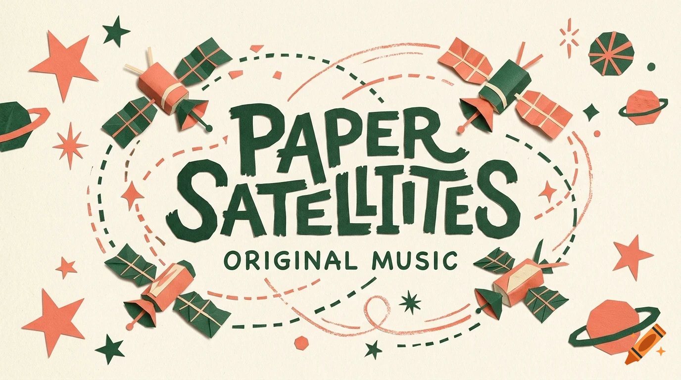 A flat lay design with paper craft satellites, stars, and planets surrounding the text Paper Satellites and Original Music.
