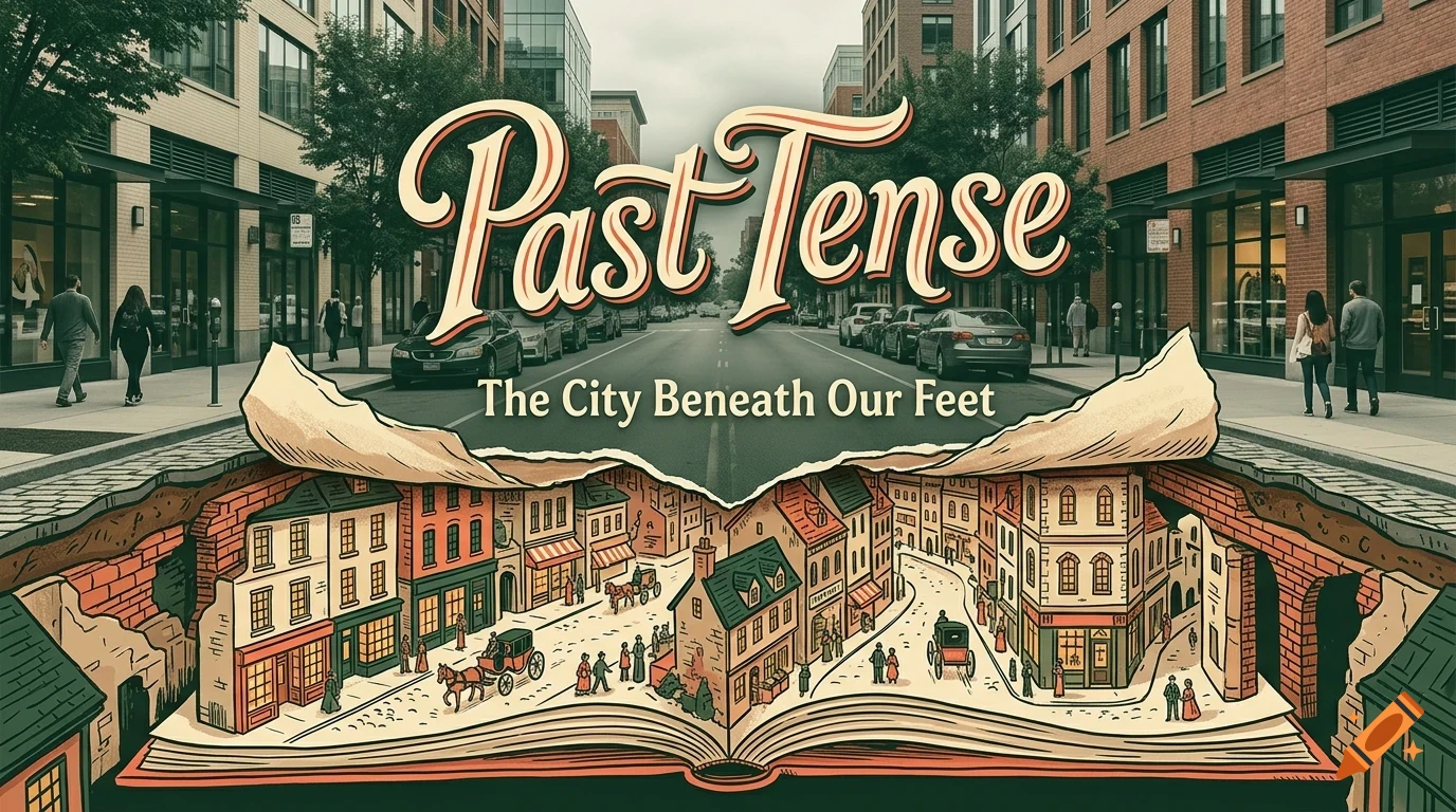 An illustration showing a modern city street opening up like a book to reveal a historical underground town with horse-drawn carriages and period buildings, featuring the text 'Past Tense' and 'The City Beneath Our Feet'.