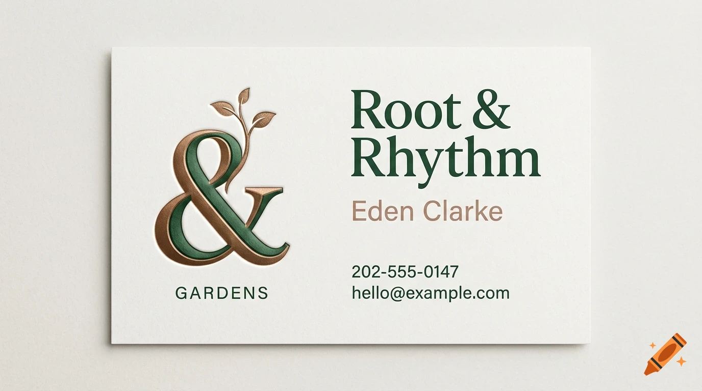 A business card featuring a stylized ampersand logo with leaves and the text Root & Rhythm, Gardens, Eden Clarke, phone, and email.