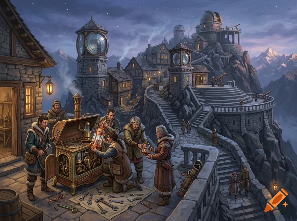An illustration of people working on a mechanical device in a mountain village with stone towers and an observatory at dusk.