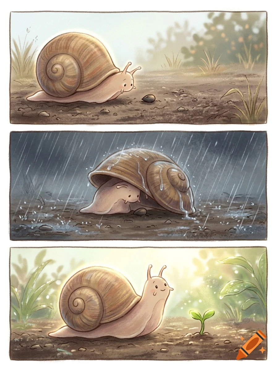 A three-panel comic illustration of a snail protecting a small seed in the rain, which later sprouts into a plant.