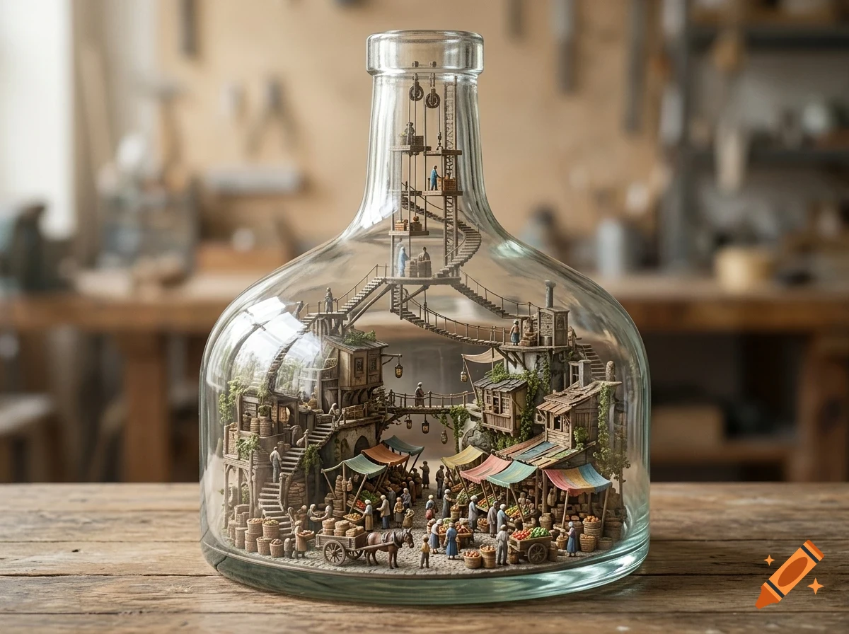 A detailed miniature village with tiny houses, market stalls, and a pulley system built inside a large glass bottle sitting on a wooden table.