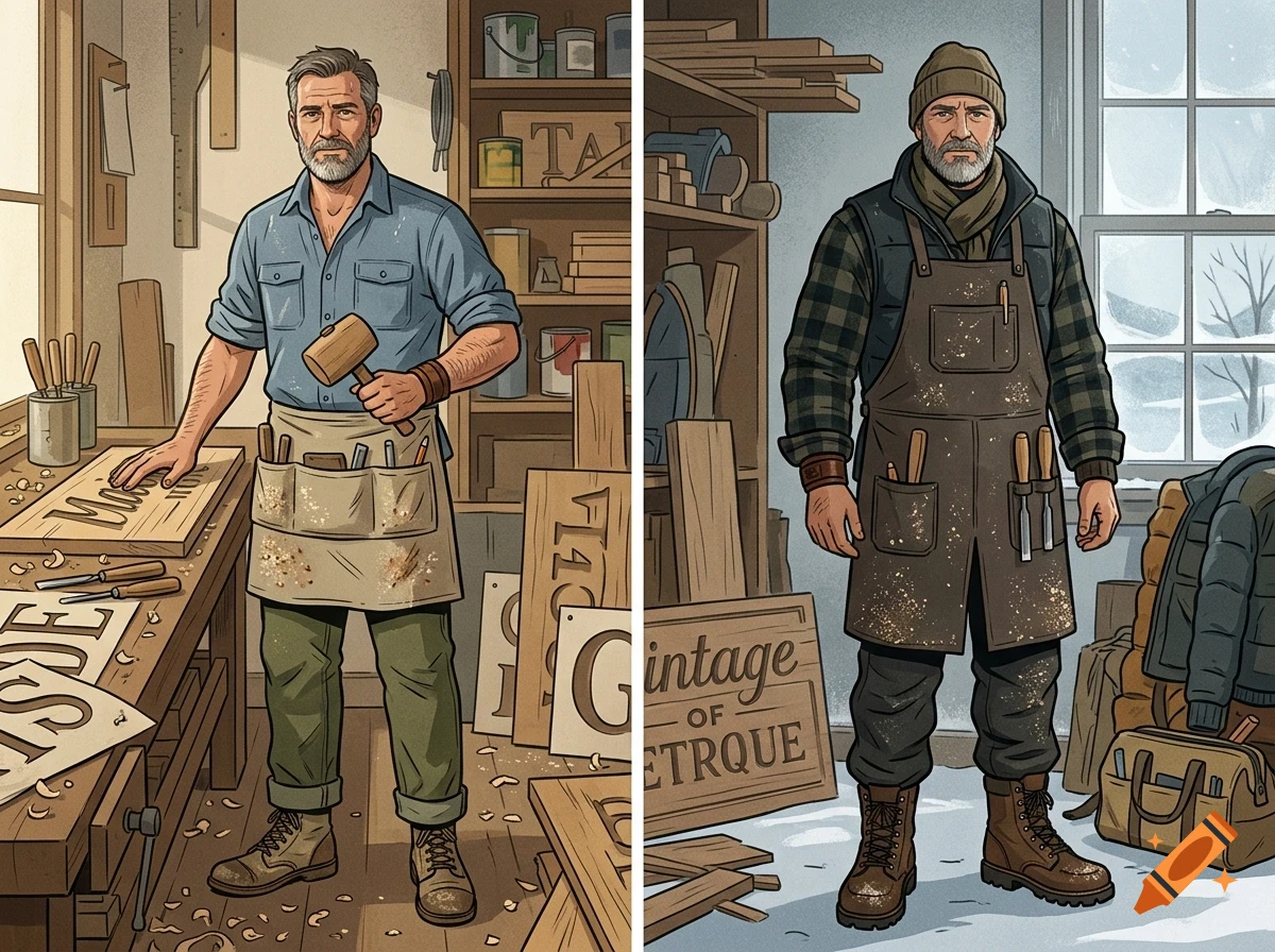 Two side-by-side illustrated portraits of a middle-aged male woodworker in a workshop holding tools and wearing an apron.