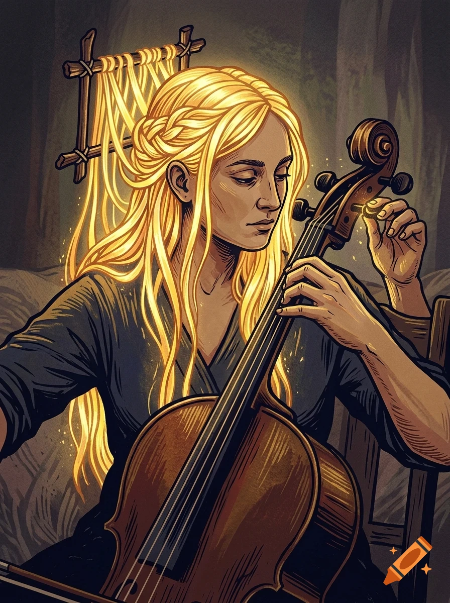 An illustration of a blonde person playing a cello, with a glowing loom-like frame behind their head.