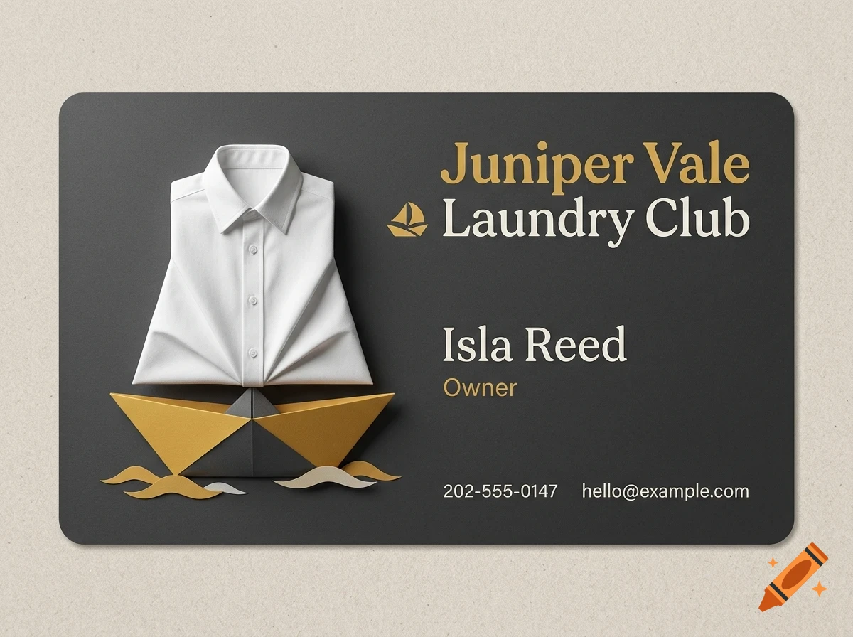 A dark grey business card featuring a folded white dress shirt configured as a sail on top of an origami paper boat with waves, and the text Juniper Vale Laundry Club, Isla Reed Owner, and contact info.