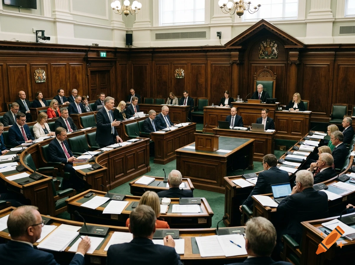 Photorealistic image of a debate in a parliament chamber with many politicians seated in wooden rows.