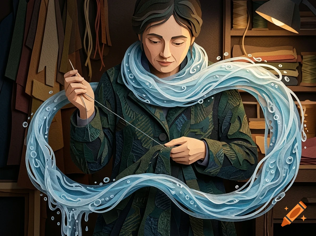 An illustrated portrait of a person sewing with a needle, surrounded by a magical ribbon of flowing water and bubbles.