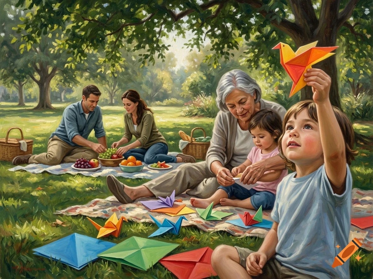 A multi-generational family enjoys a picnic in a sunny park under trees, folding colorful origami figures together.