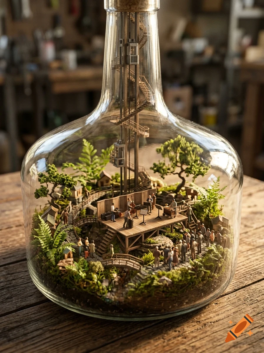 A detailed miniature world inside a large glass bottle featuring a band playing on a wooden stage, miniature trees, people, and a winding staircase.