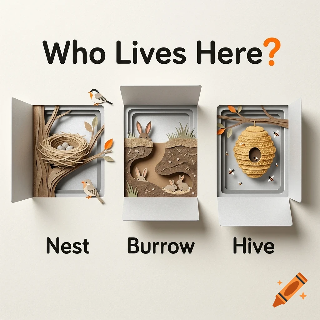 Educational papercraft illustration titled 'Who Lives Here?' showing three open compartments labeled 'Nest', 'Burrow', and 'Hive' containing birds, rabbits, and bees.