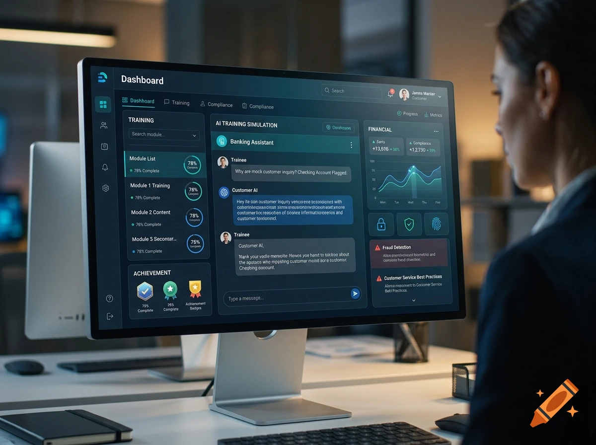 A woman working at a computer with a banking training AI dashboard displayed on the monitor.