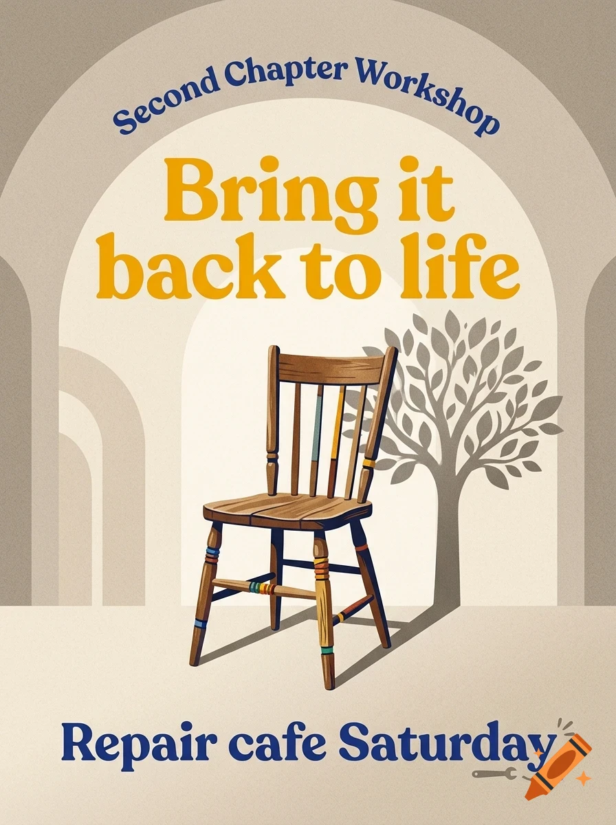 An illustrated poster featuring a wooden chair with colorful threads wrapped around its legs, positioned in front of an arched background and a stylized tree silhouette, accompanied by the text 'Second Chapter Workshop', 'Bring it back to life', and 'Repair cafe Saturday'.