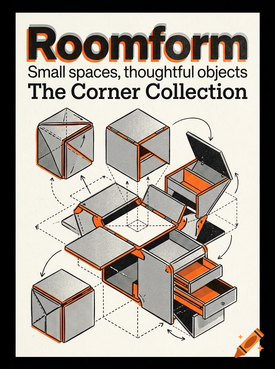 An instructional poster displaying technical diagrams of a modular cube furniture design with text reading Roomform and The Corner Collection.