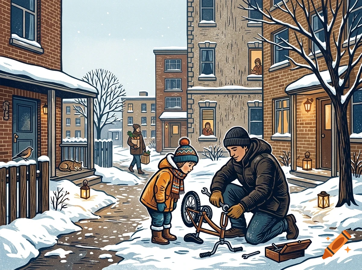 An adult fixes a child's bicycle in a snowy city street surrounded by brick buildings.
