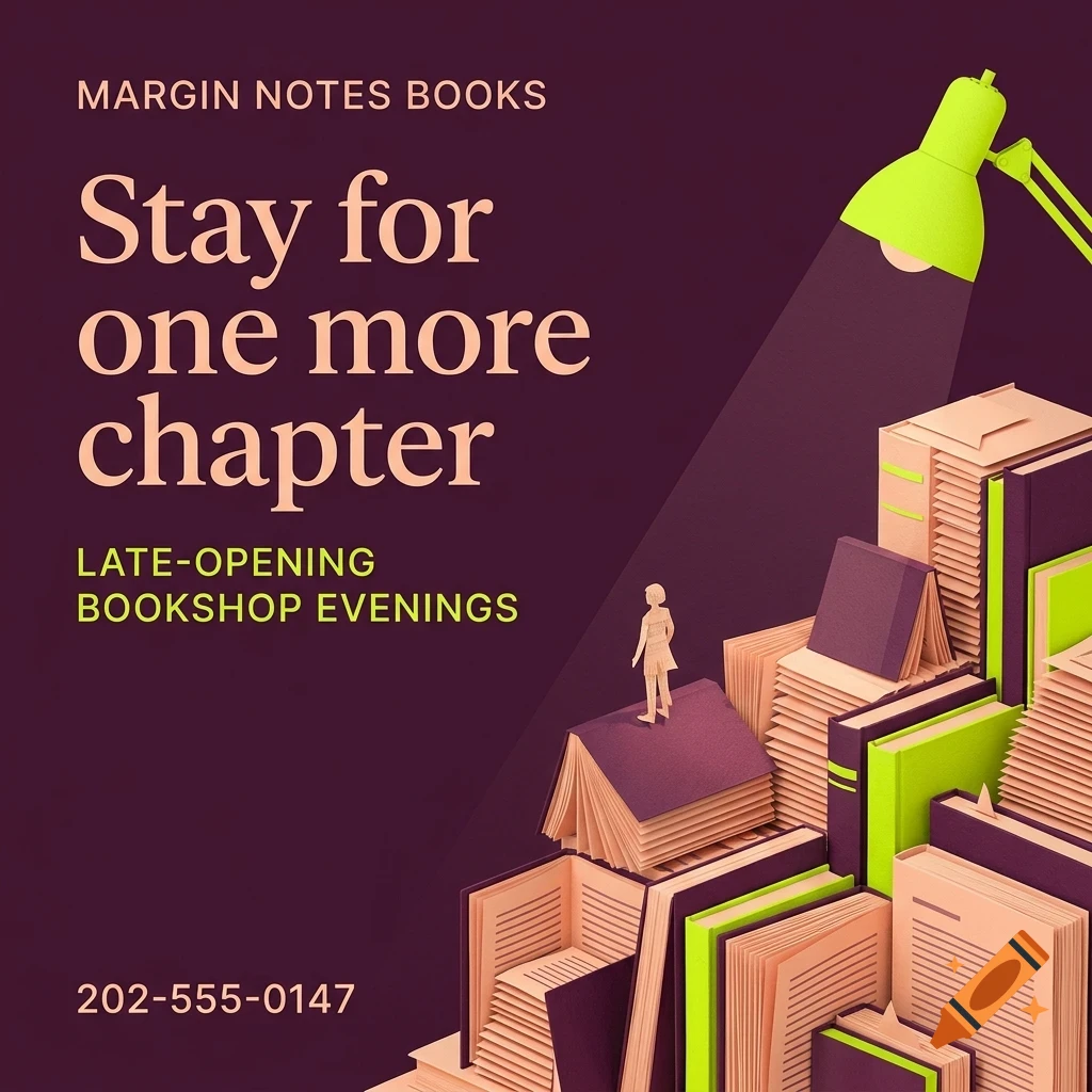 An illustration of a small figure standing on a large stack of books illuminated by a green desk lamp, with the text Margin Notes Books and Stay for one more chapter.