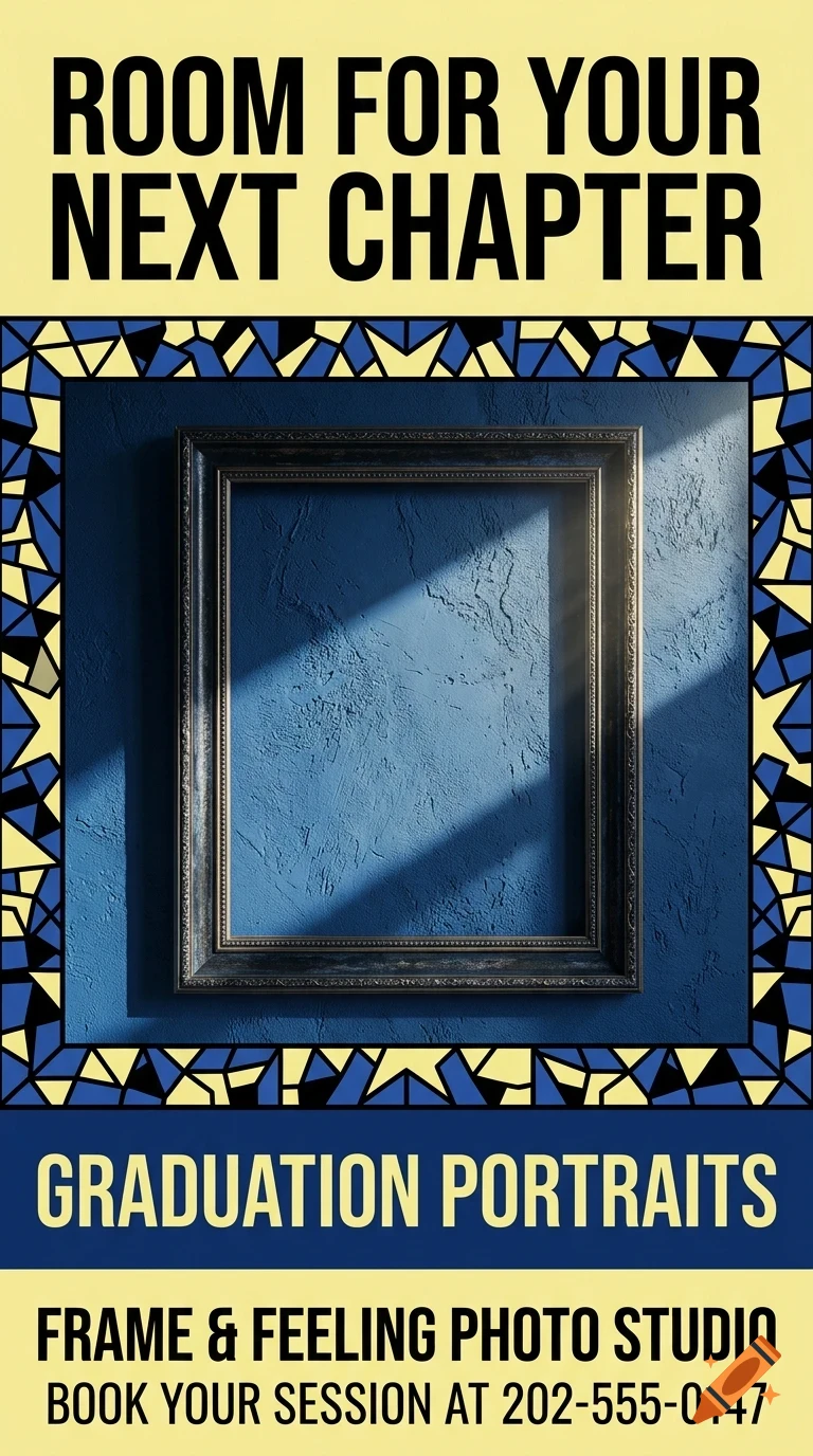 An empty picture frame mounted on a blue textured wall, surrounded by a mosaic border and bold promotional text.