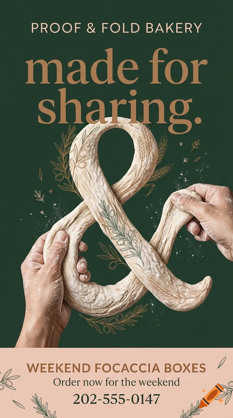 A poster for Proof & Fold Bakery shows hands shaping an ampersand-shaped piece of dough decorated with botanical illustrations against a dark green background.