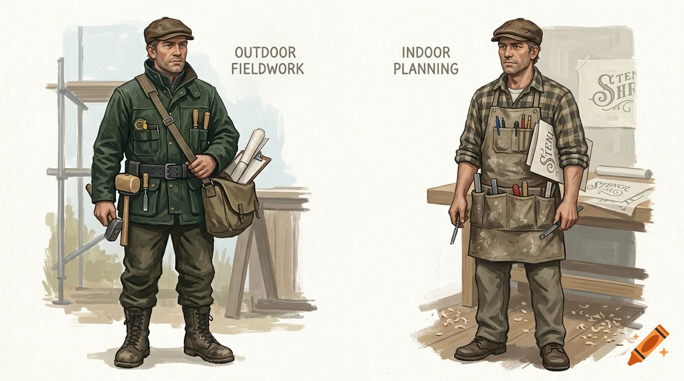 Illustration showing a man in two scenarios: outdoor fieldwork in a green jacket and cap, and indoor planning in a plaid shirt and apron.