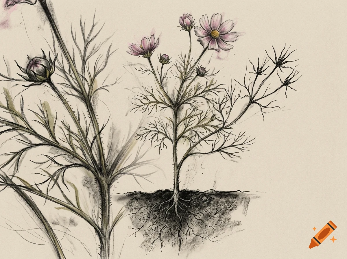 Botanical illustration in ink and pencil depicting cosmos flowers, stems, leaves, and roots in soil on a cream background.