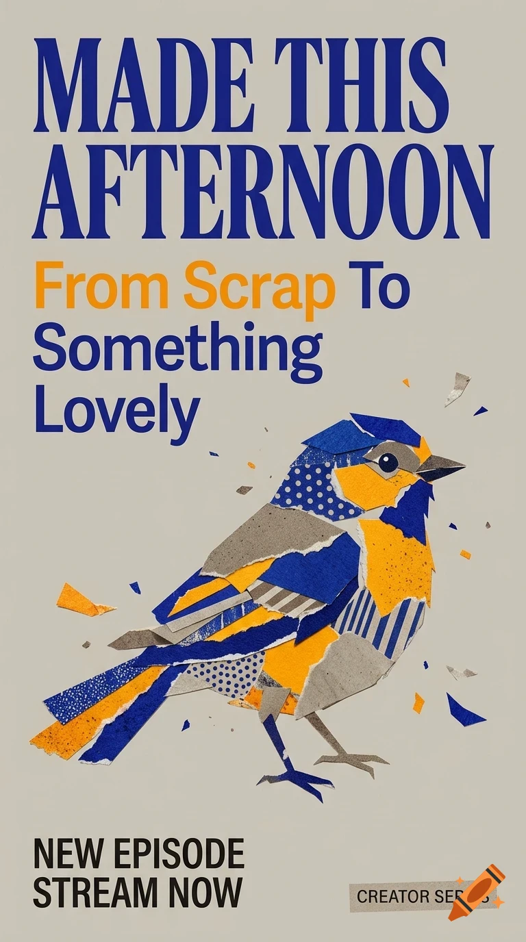 A poster with blue and orange lettering reading 'MADE THIS AFTERNOON From Scrap To Something Lovely' featuring a collaged bird made from torn paper.