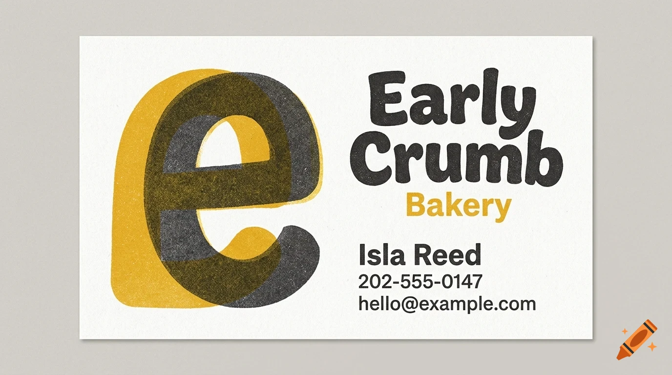 A business card design for Early Crumb Bakery with a large letter 'e' logo on the left and text on the right.