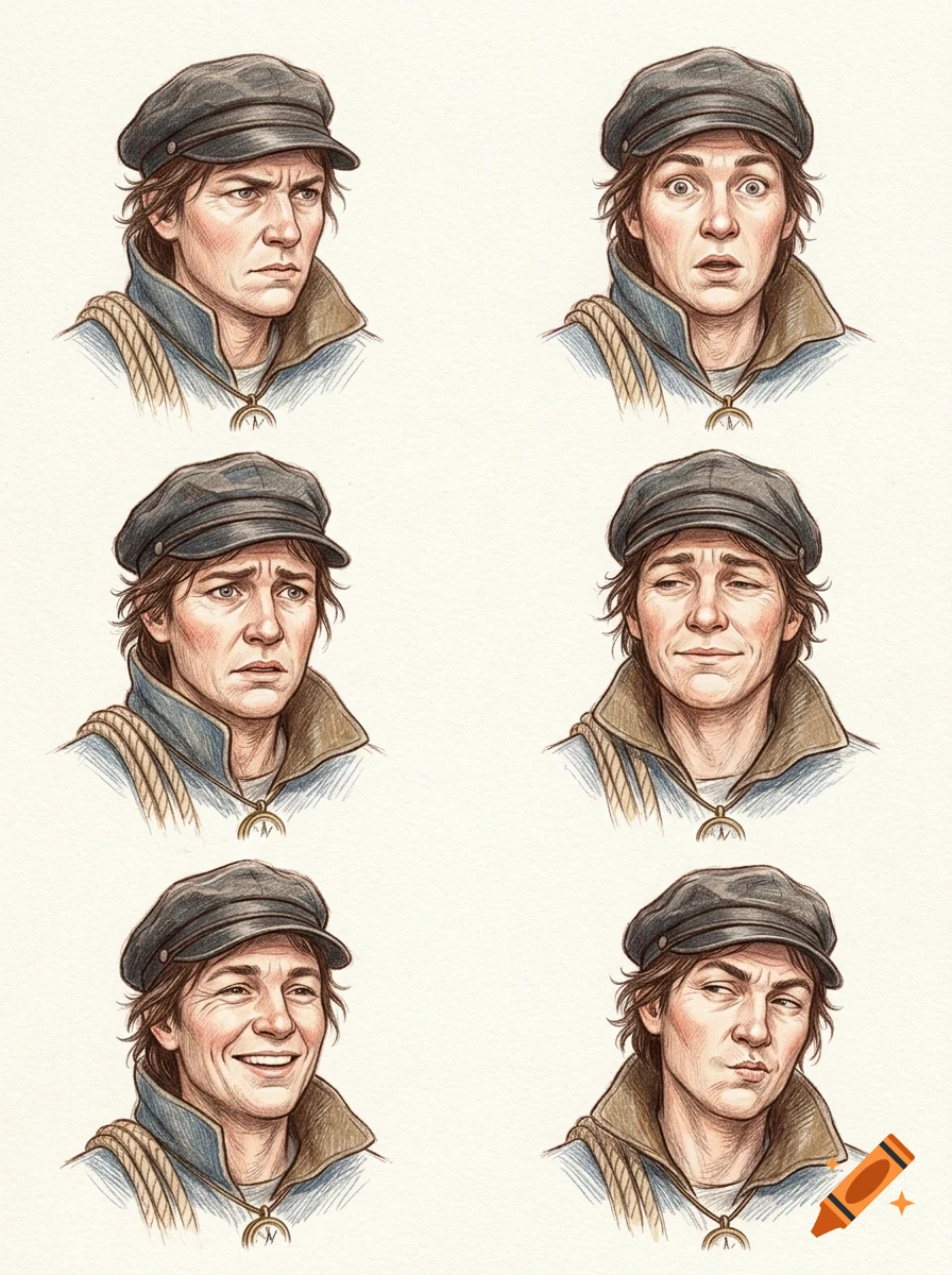An illustration showing six different facial expressions of a sailor wearing a cap and coat.
