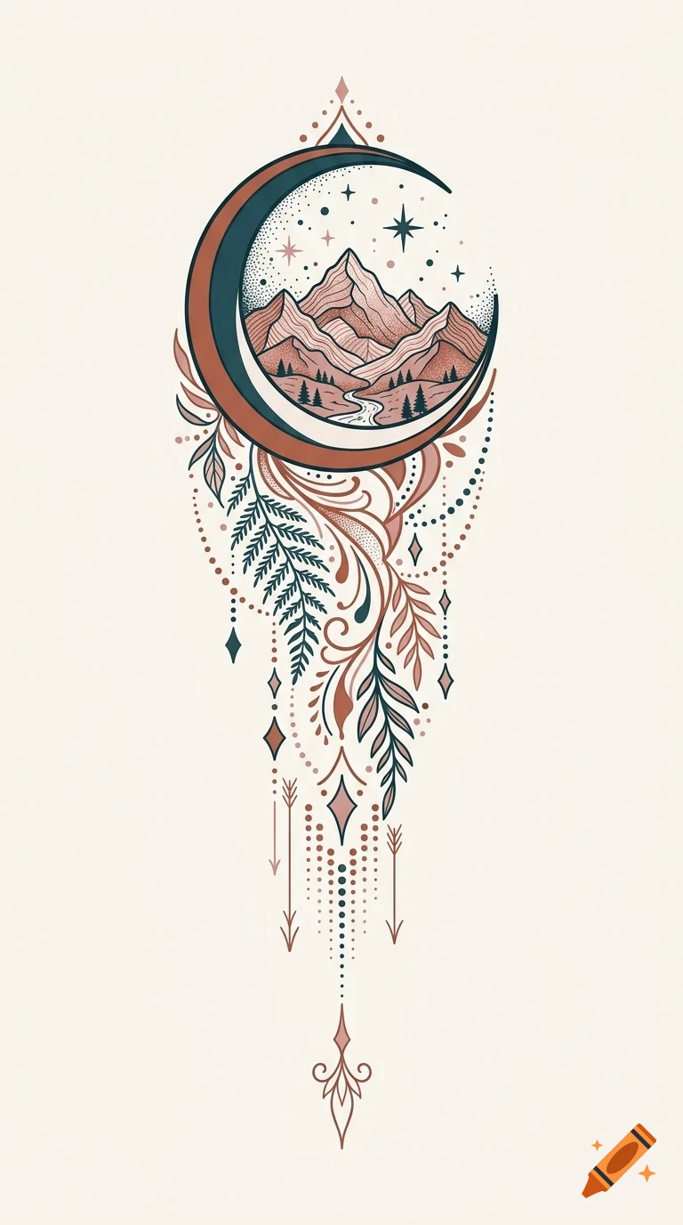 An ornate illustration of a crescent moon cradling a mountain landscape, adorned with hanging botanical elements, stars, and geometric dotwork.