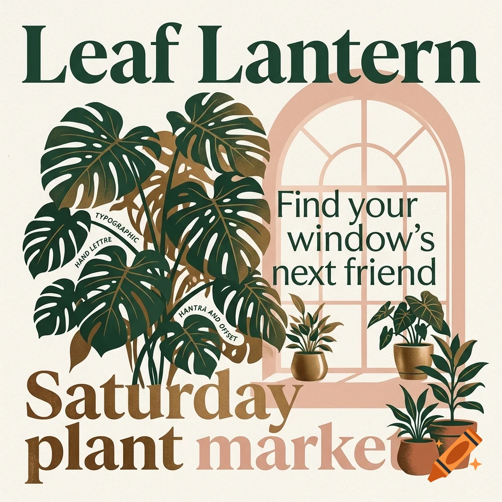 An illustrated poster advertising a plant market with potted monstera and other houseplants in front of an arched window, featuring the text Leaf Lantern and Saturday plant market.
