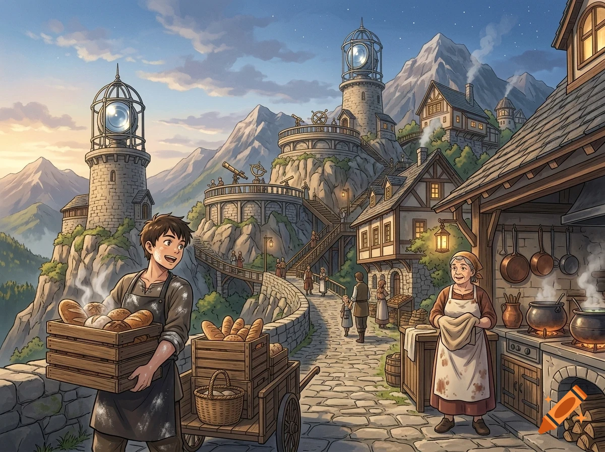 An illustration of a bustling mountain village with people working, including a baker carrying fresh bread, towers, and mountains in the background.