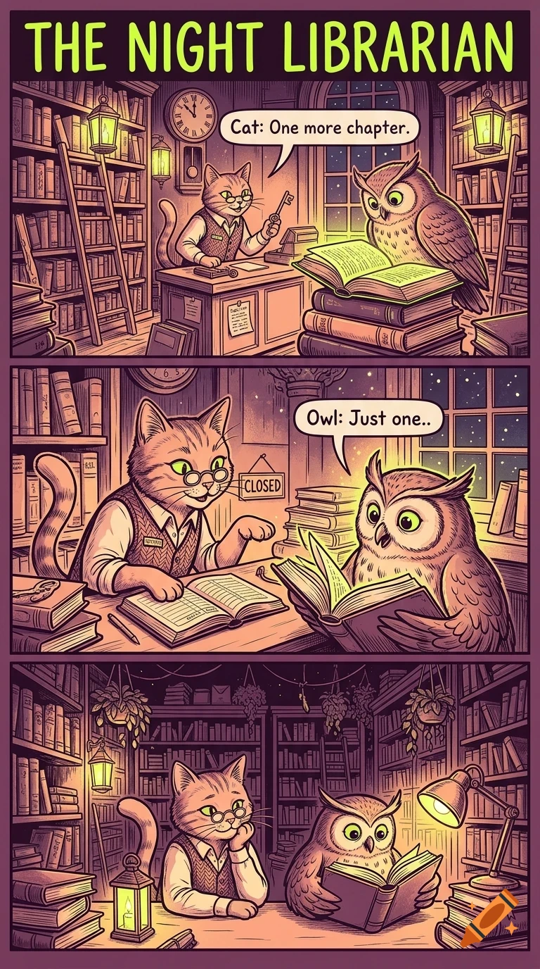 A comic strip titled The Night Librarian showing an anthropomorphic cat and an owl reading books in a library at night.
