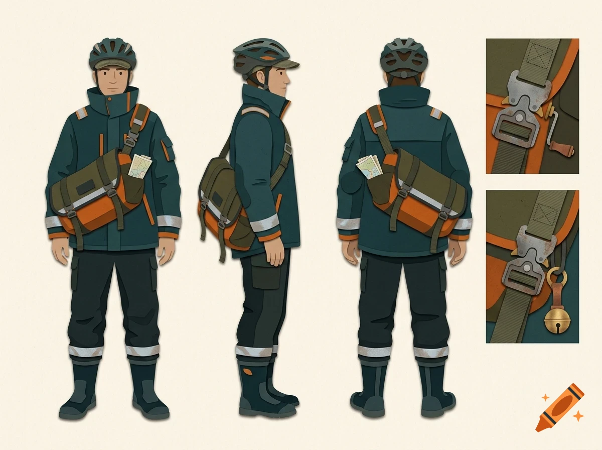 Character design sheet showing a cyclist in safety gear with a messenger bag from multiple angles, along with close-ups of the bag's hardware.