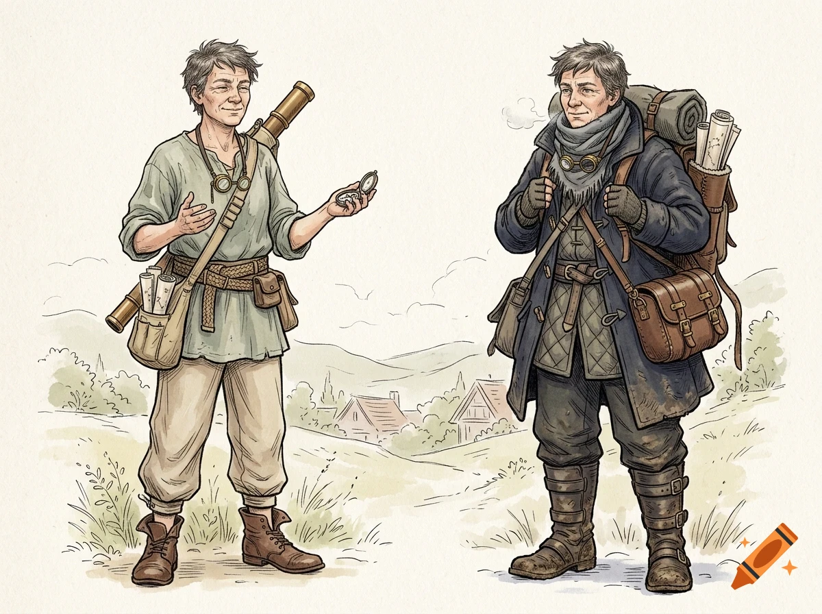 Illustration of two travelers in outdoor gear, one holding a compass and another carrying a backpack with scrolls.