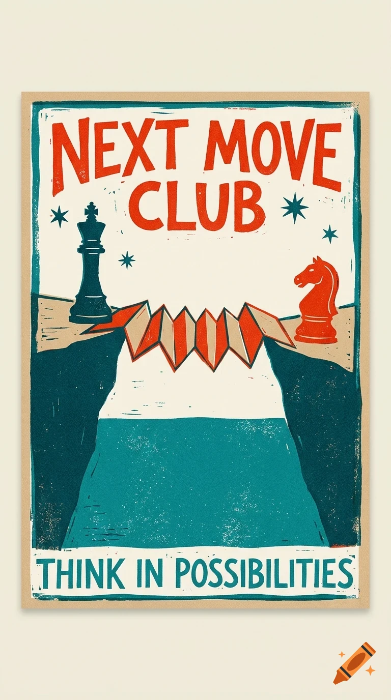 An illustrated poster with the text 'NEXT MOVE CLUB' and 'THINK IN POSSIBILITIES', featuring a chess king and knight separated by a chasm with a folding bridge.