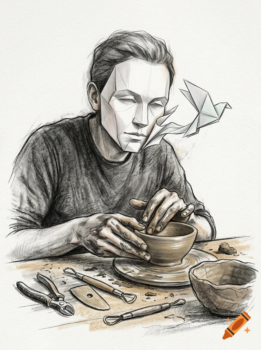 An artist shaping a clay bowl on a wheel with tools nearby, while a geometric origami bird emerges from his face.