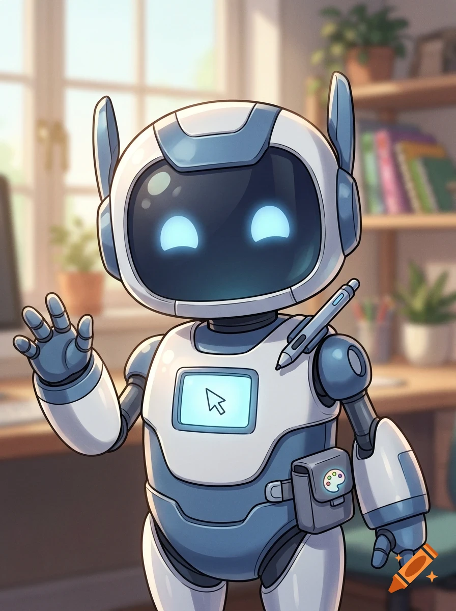 A friendly white and blue robot with glowing blue eyes waves in front of a blurred room background.