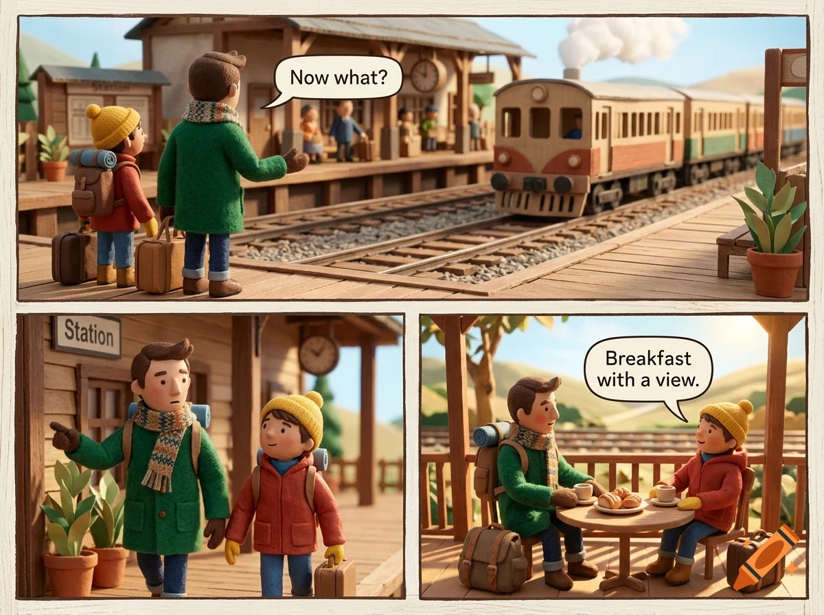 A three-panel claymation-style comic strip showing two travelers with luggage at a train station, with one panel depicting a train arriving, another showing them walking, and the last showing them having breakfast.