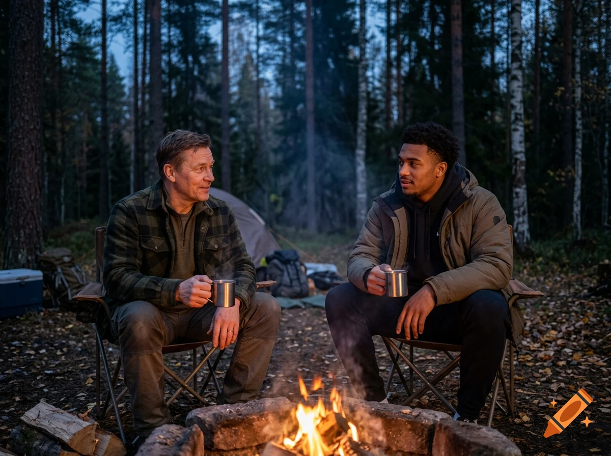 Photorealistic image of two men sitting in camping chairs by a campfire in a forest at dusk, holding metal mugs.
