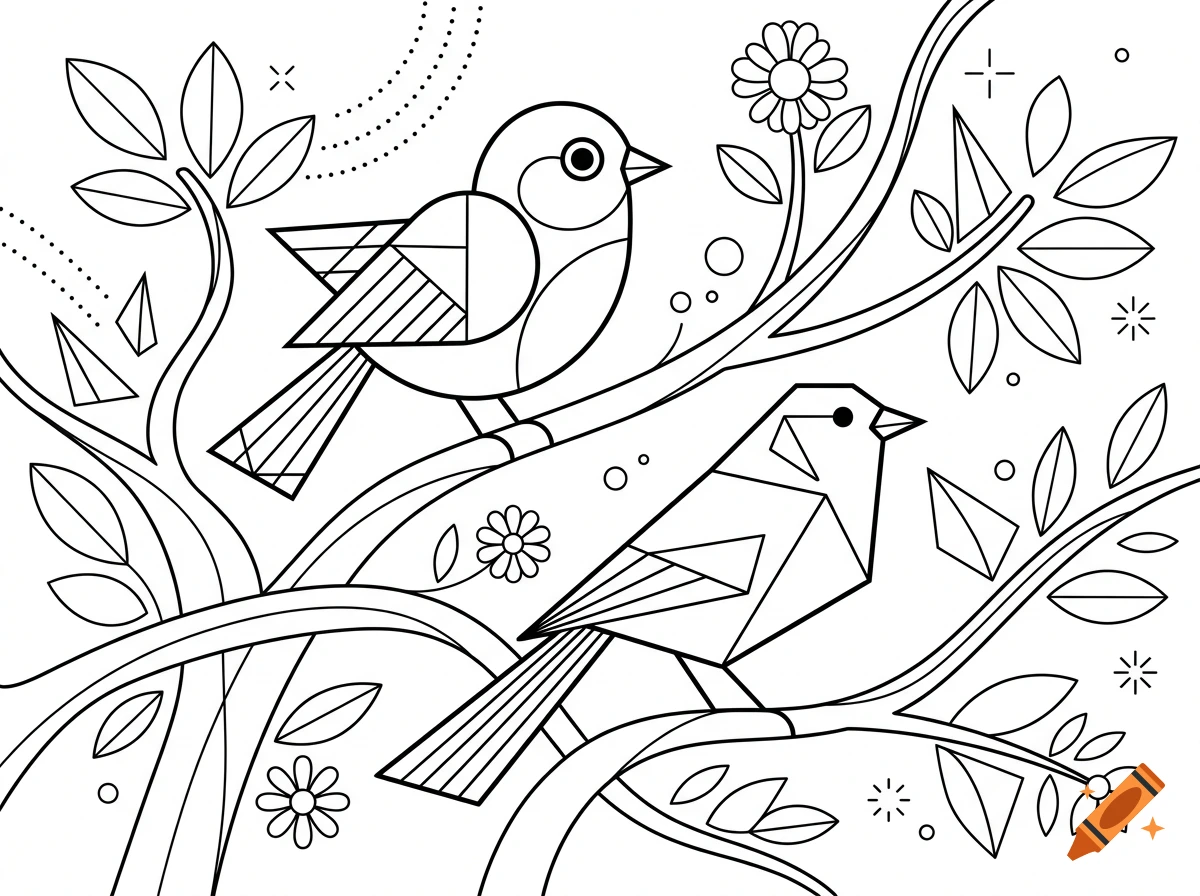 Modernist black and white line drawing of two stylized birds perched on abstract tree branches with geometric leaves and flowers.