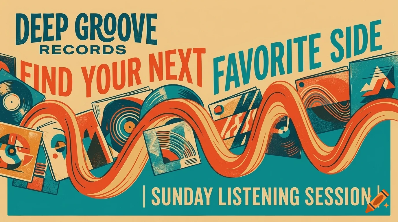 An illustrated poster for Deep Groove Records featuring vinyl records, album covers, and wavy orange banners with text reading Find your next favorite side and Sunday listening session.