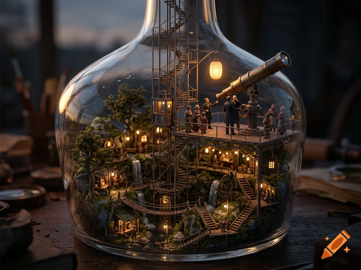 A miniature world inside a large glass bottle, featuring tiny people, a telescope, stairs, and a landscape with trees and waterfalls.