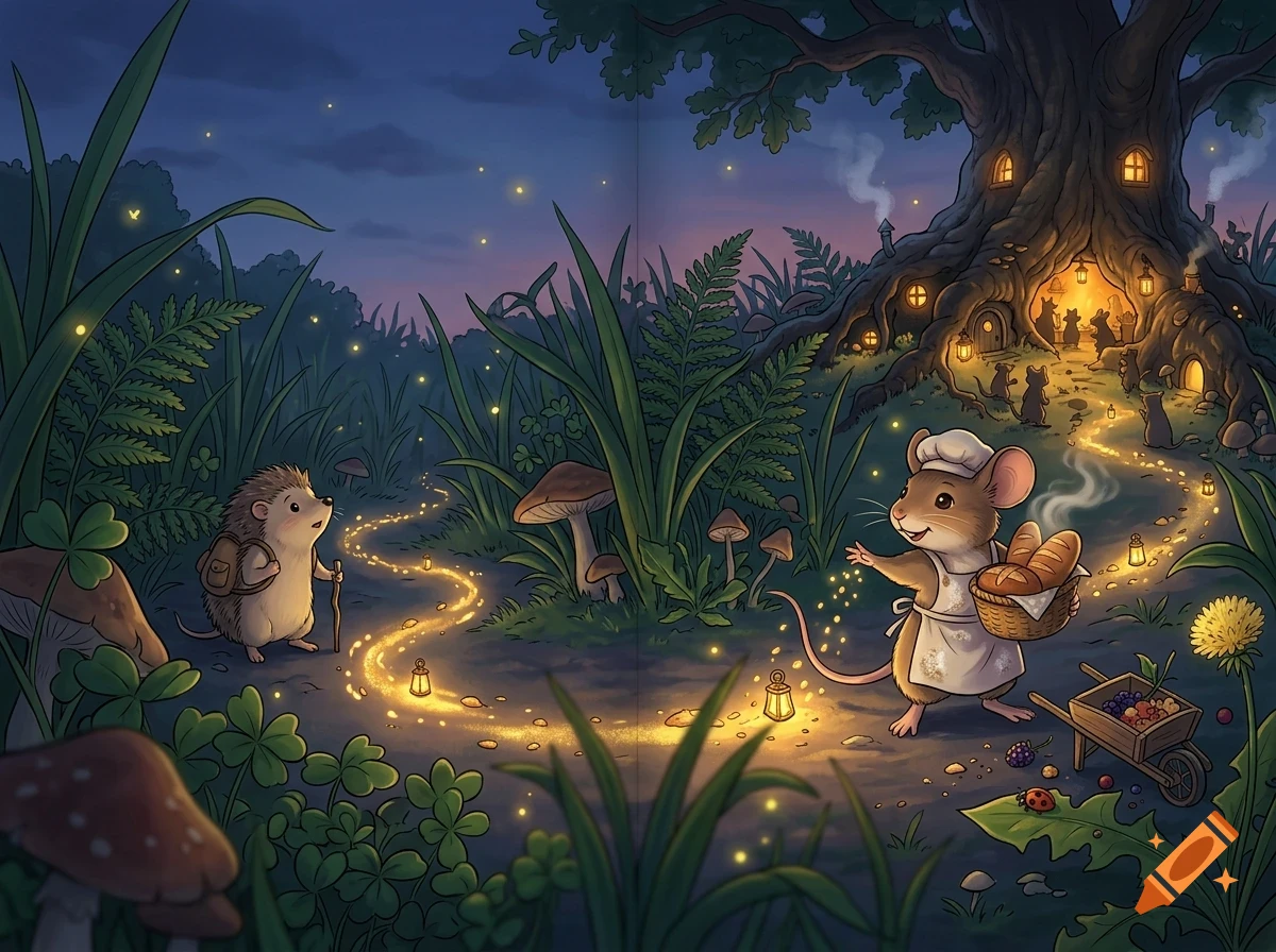 An illustration of a hedgehog with a walking stick and a mouse chef holding a basket of bread on a glowing path near a large tree house at night.