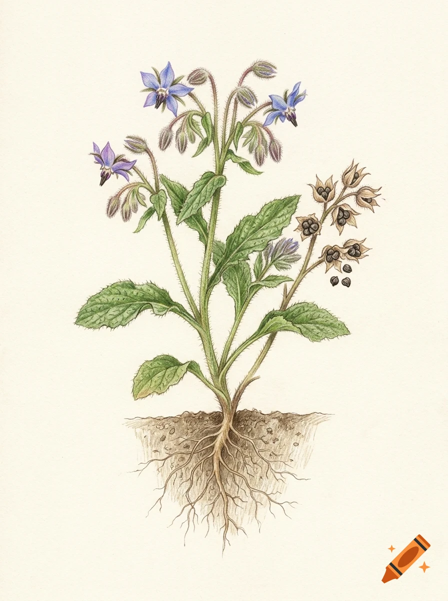 Botanical illustration of a borage plant showing blue flowers, green leaves, seed pods, and root system underground.
