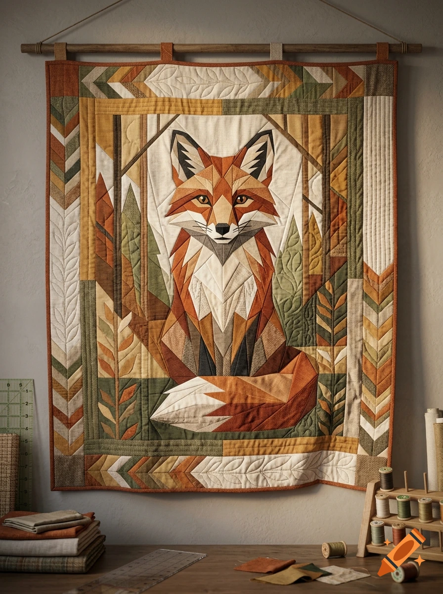 A foundation paper piecing quilt hanging on a wall depicting a geometric stylized fox surrounded by trees.