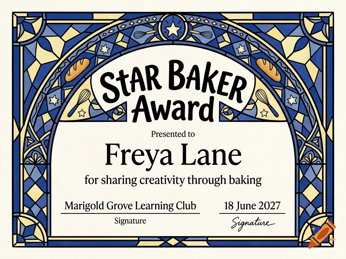 An award certificate featuring blue and yellow stained-glass style borders, with text reading Star Baker Award presented to Freya Lane.