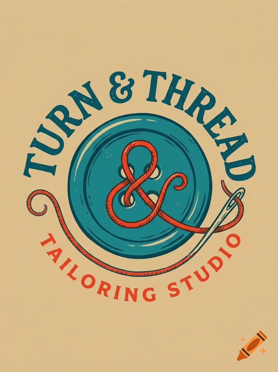 A vintage-style tailoring logo featuring a blue button, a red thread shaped like an ampersand, a needle, and the text Turn & Thread Tailoring Studio.