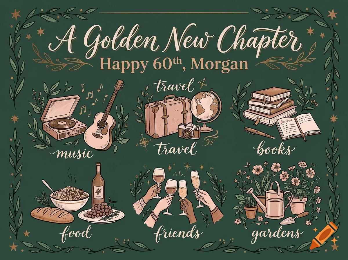 An illustrated greeting design on a dark green background featuring the text A Golden New Chapter and Happy 60th, Morgan, surrounded by thematic illustrations and labels for music, travel, books, food, friends, and gardens.
