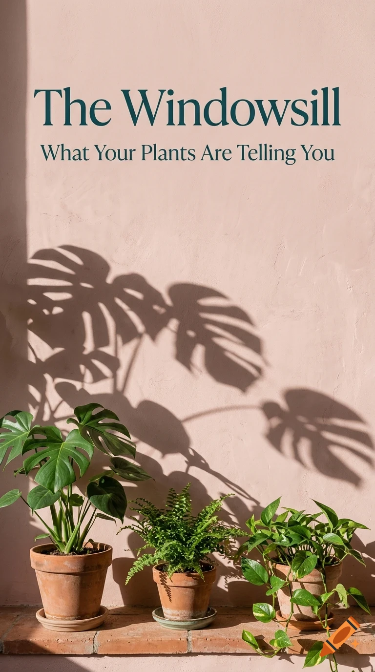 Three potted plants sit on a terracotta windowsill against a pink wall with plant leaf shadows and the text The Windowsill and What Your Plants Are Telling You.